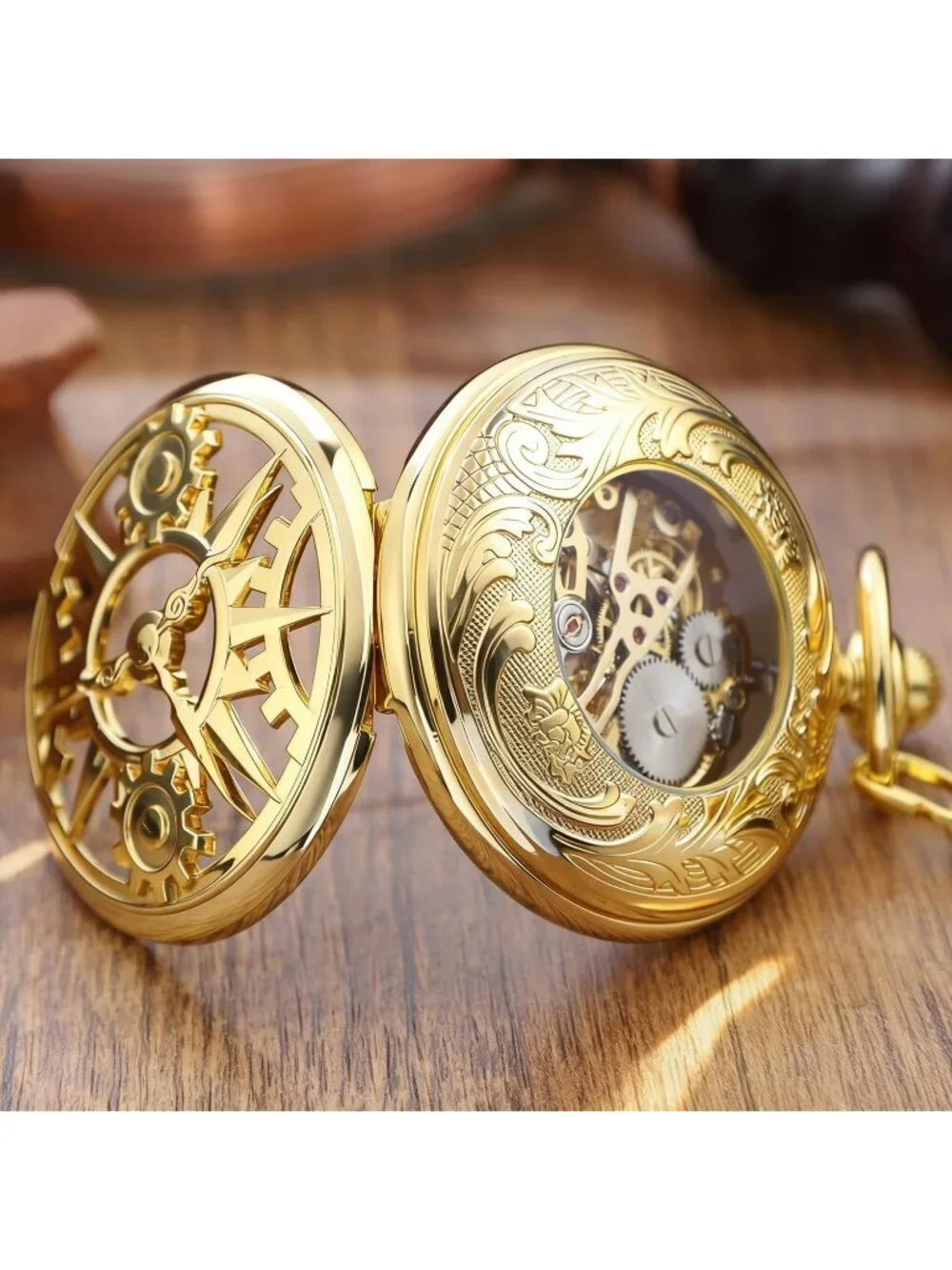 Mens All Gold Vintage Style Hollow-Out Round Gear Arabic Mechanical Pocket Watch